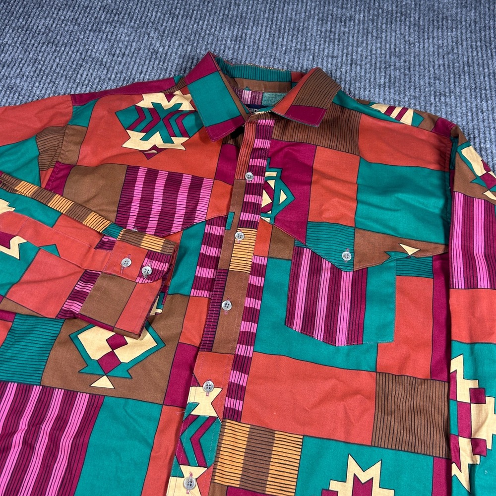 Vintage Wrangler Shirt Men's 17.5x35 Cowboy Cut Western Aztec Brushpopper 90s